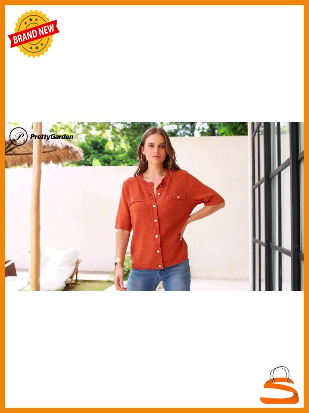 Women's Casual Short Sleeve Button Down Shirt - Ribbed Knit Blouse Top - Picture 6 of 6